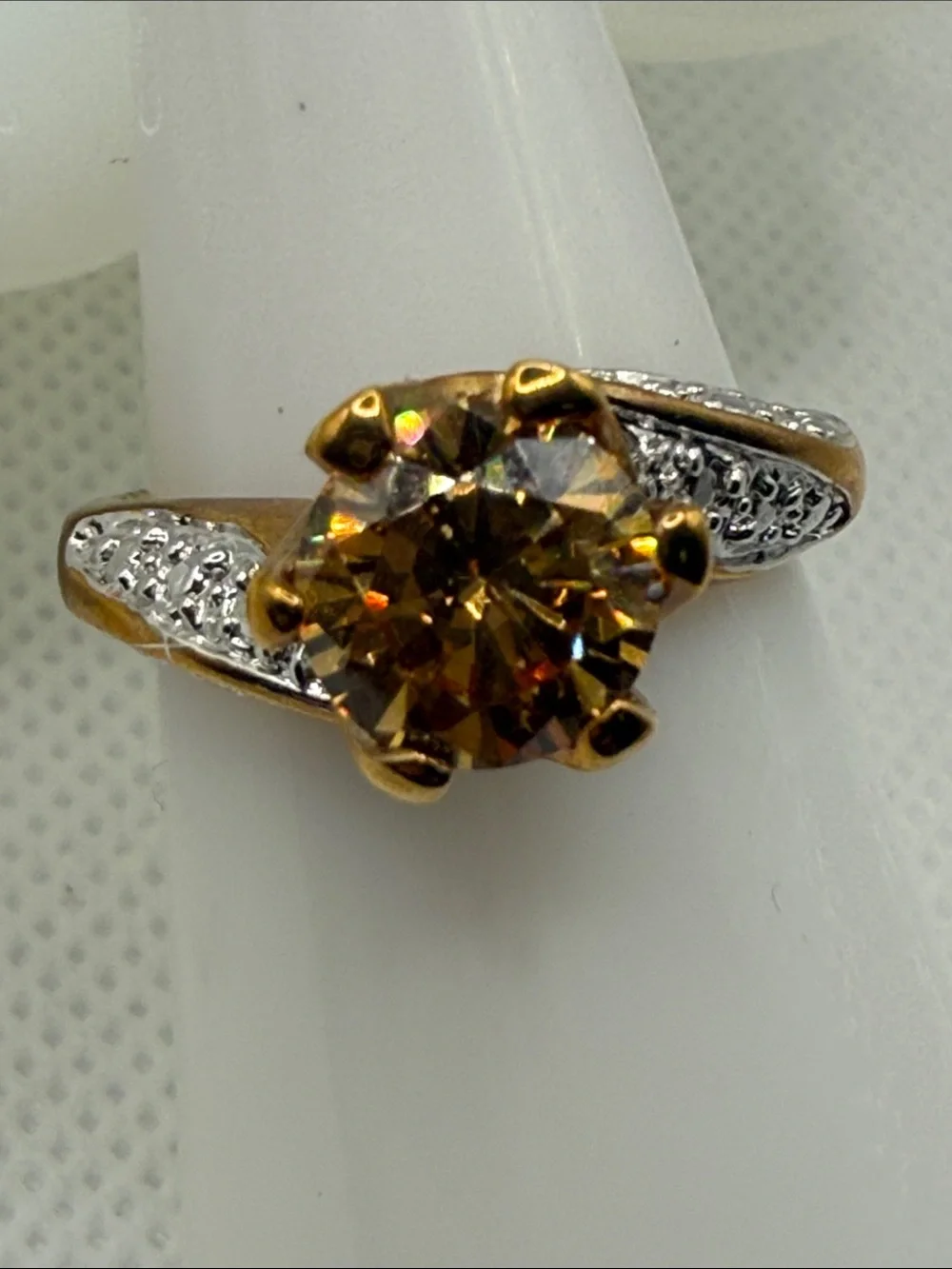 Vintage Gold-Tone plated Citrine Solitaire Ring Pavé Accents mixed metal glam